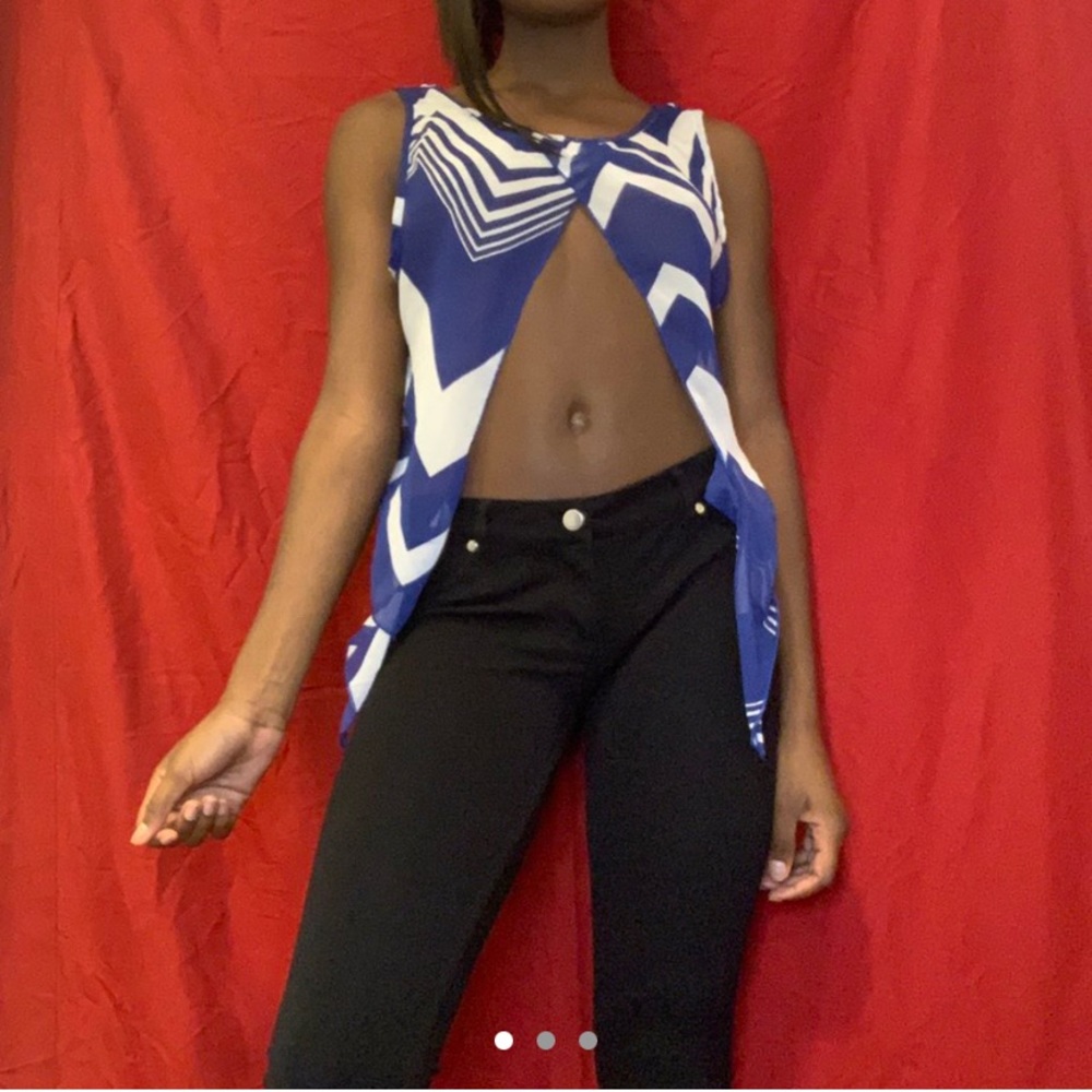 Blue-white top.